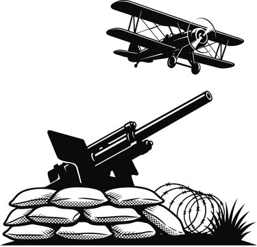Black and white of a vintage triplane flying over a military artillery cannon positioned behind a stack of sandbags with barbed wire and grass in a battlefield setting