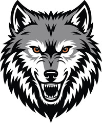 Fototapeta premium Aggressive snarling wolf head mascot, angry wild predator animal with bared sharp teeth graphic illustration