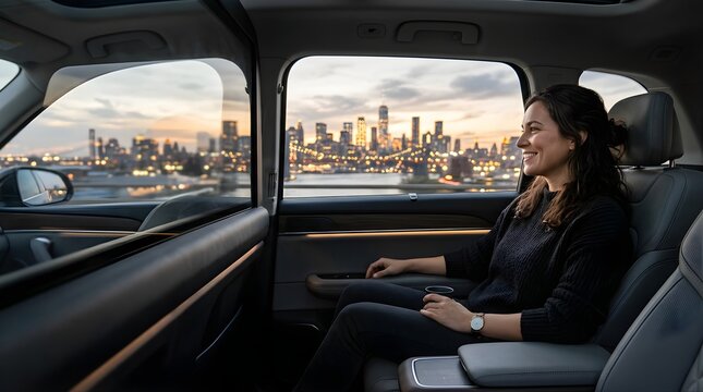 Smiling woman riding in backseat of autonomous car viewing city skyline