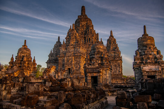 Ancient Sewu Temple Complex in Warm Morning Light, Central Java Indonesia. Historic stone temples of Sewu Temple complex illuminated by warm morning sunlight in Central Java, Indonesia