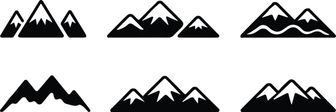 Mountains landscape icons with peaks, trails, and stylized wave patterns in a row