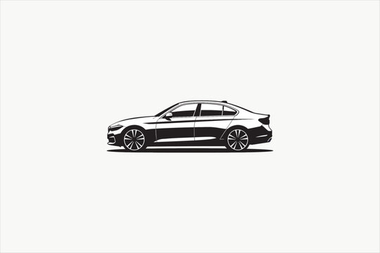 Black and white vector illustration of a modern luxury sedan car from side view. Automotive industry, transport, dealership, and garage concept isolated on white background. Vector illustration.