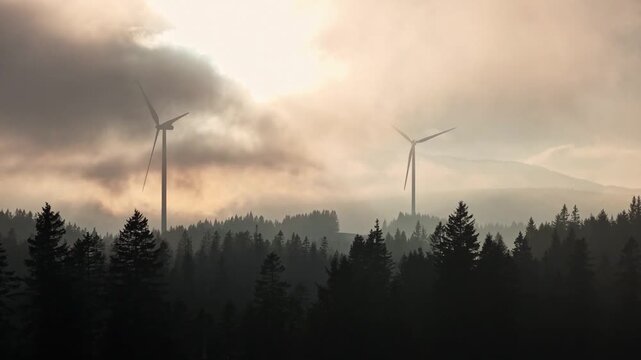 Aerial view of Windpark Freilanderalm with wind turbines shrouded in thick fog above a dense pine forest in Modriach, Styria, Austria.