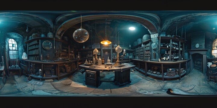 Fictional 360 equirectangular fantasy alchemy laboratory interior