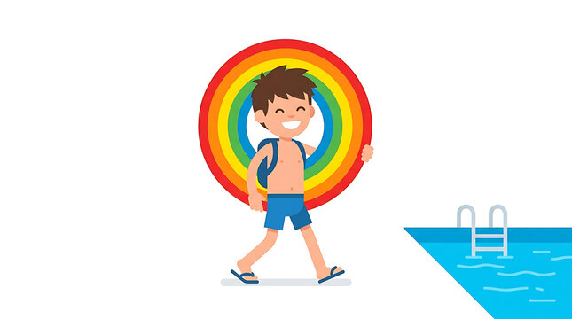 Cartoon boy, swimming pool, rainbow floatie, summer fun, kids activity