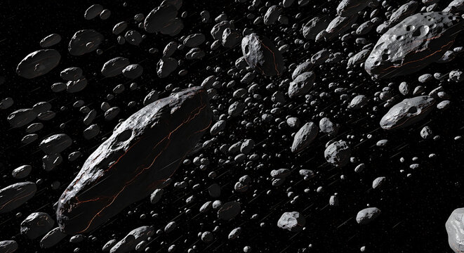 Asteroid field in space with rocky debris on transparent background high quality