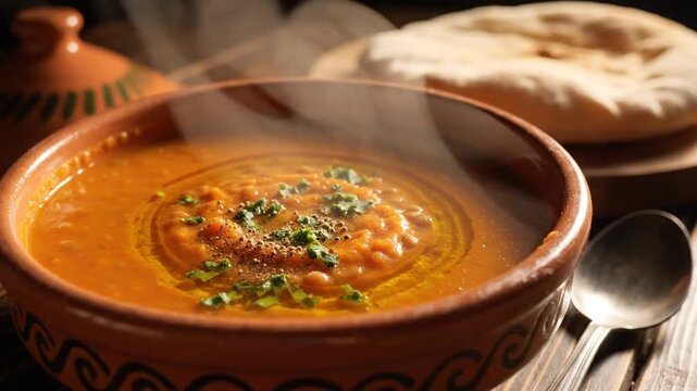 A steaming bowl of hearty lentil soup, garnished with fresh herbs and olive oil, served with flatbread.