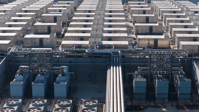 Data Center Rooftop Reveal of Cooling Pipes and Mechanical Infrastructure. San Antonio Texas.