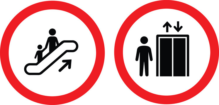A clear set of public access icons, featuring an escalator and an elevator sign on a transparent background, aiding indoor navigation.