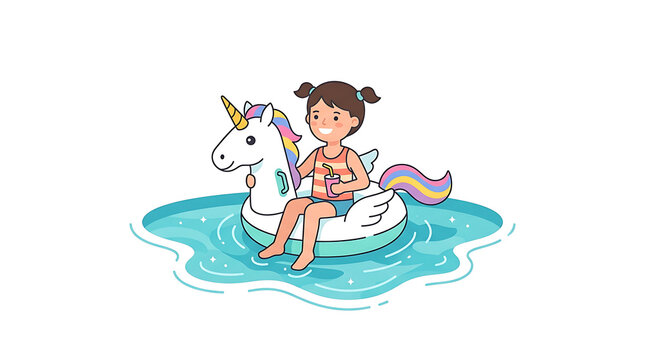Colorful cartoon girl, riding unicorn inflatable, pool float, summer fun