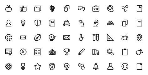 High school icon set. School vector icon pack. Minimal line icons. Includes symbols for apple, backpack, book, calculator, clock, diploma, earth, flask, folder, gamepad, light bulb, microscope, notebo © wang