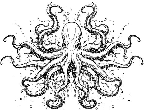 Black and white illustration of an octopus with detailed tentacles. It is central with bubbles around it