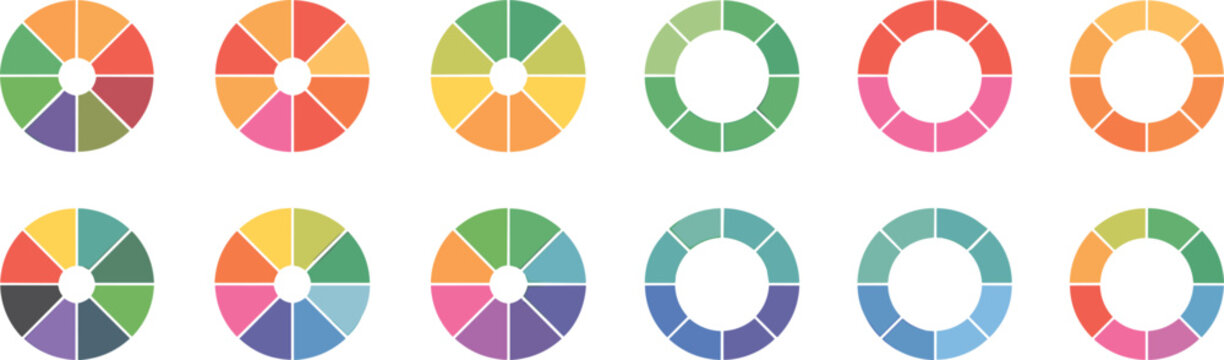Colorful pie chart diagram segment wheels collection, business infographic circular cycle graphs, round multi shade marketing template