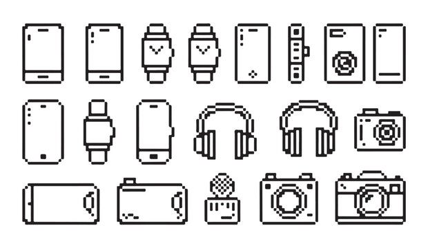 Pixel art technology icons set including smartphones smartwatches cameras and headphones.