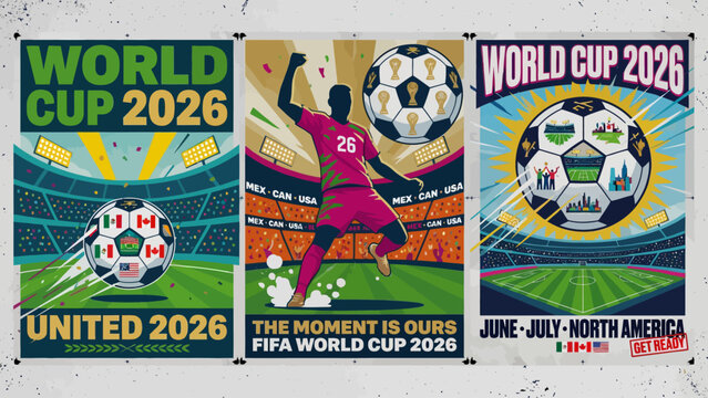 Set of football poster designs with grainy texture featuring stadium, victorious player and soccer ball for World Cup 2026 promotion