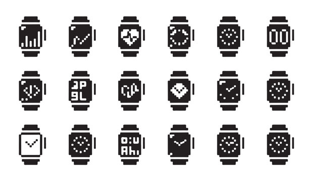 Wearable smart device pixel art icons set showcasing different digital watch face designs.