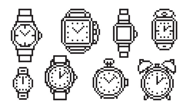 Set of wristwatches and alarm clocks in detailed pixel art style for digital applications.
