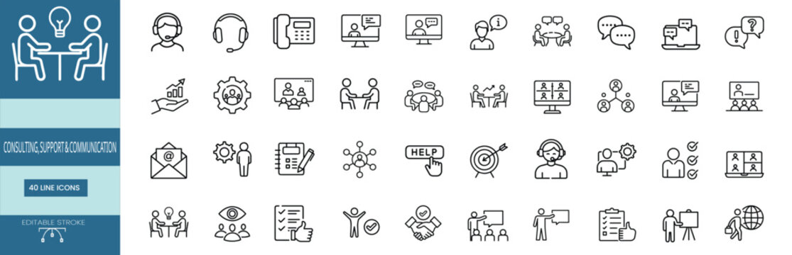 Guidance management collaboration dialogue web line icons set telemarketing headset customer care agent corporate briefing desk seminar meeting & more with editable stroke
