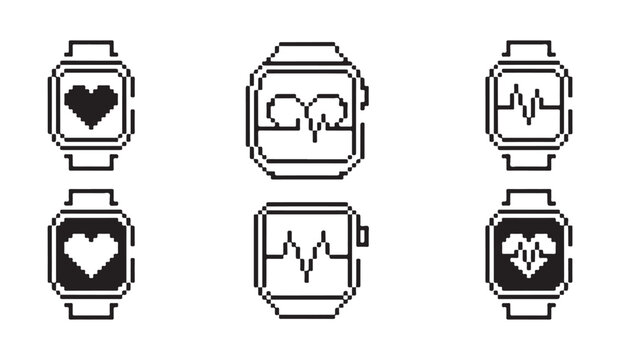 Medical pulse and heartbeat monitor smartwatch pixel graphics for healthcare diagnostics.
