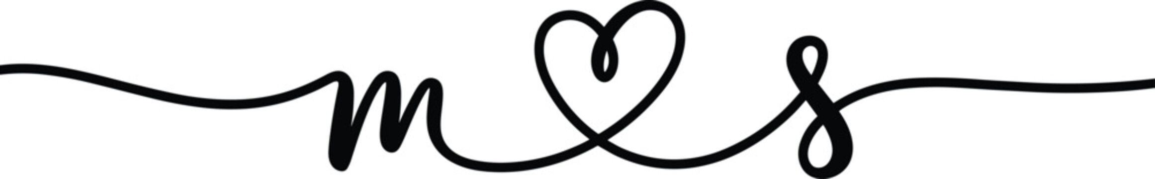 Continuous line drawing of monogram letters M and S connected with heart, romantic wedding couple initials graphic illustration