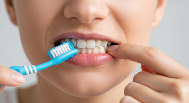 Dental hygiene concept with woman brushing teeth, close up of white teeth and blue toothbrush, oral care and stomatology routine
