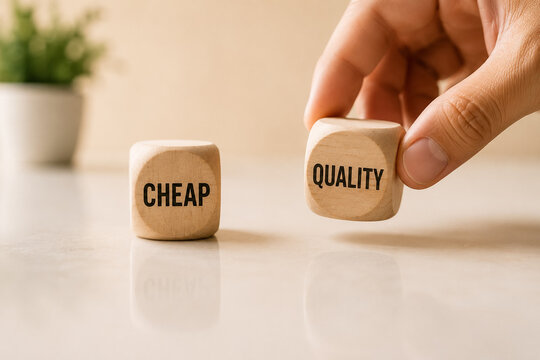 AI generated minimal concept wooden blocks showing quality cheap choice representing value decision making consumer behavior product strategy