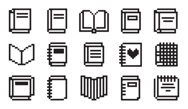 Pixel art books icon set. retro 8-bit style book, open book and notebook symbols collection.