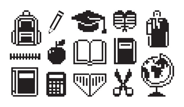 Various pixel art icons of school gear and learning tools for academic project interface.