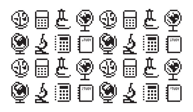 Set of pixel art educational icons featuring globes calculators microscopes and notebooks.
