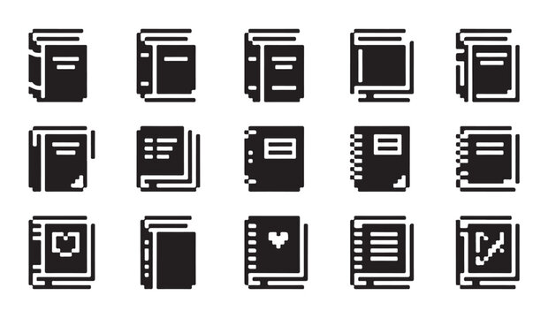Pixel art book icons set showing various notebooks diaries and document styles for design.