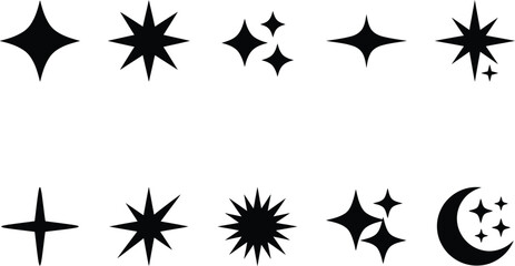 Black starburst shapes, sparkles, crescent moon icons set, vector graphics © Rifat