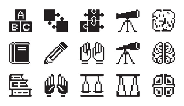 Educational pixel icons set with alphabet blocks puzzle pieces telescope hands and brains.