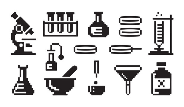 Chemistry lab equipment pixel art collection with microscope flasks funnel and test tubes.