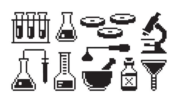 Science pixel art icons set including laboratory equipment for experiments and research.