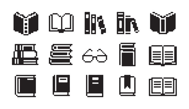 Book pixel art icons set featuring open and closed books stacked libraries and eyeglasses.