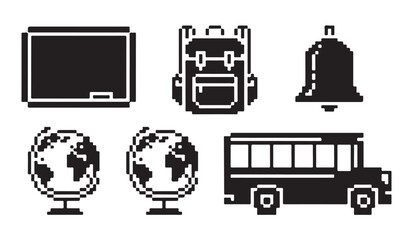 School transport and supplies pixel icons with yellow bus globe backpack and chalkboard. © MDIKRAM