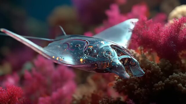 Transparent marine creature gliding through coral reef