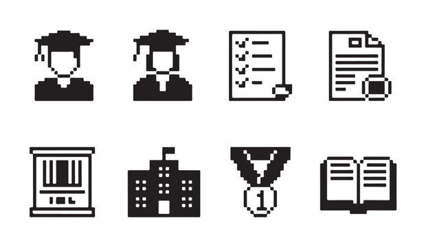 Academic achievement pixel icons containing graduated students awards and school buildings.