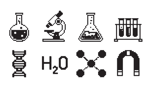 Science laboratory pixel art icons showing microscope test tubes dna and chemical flasks.
