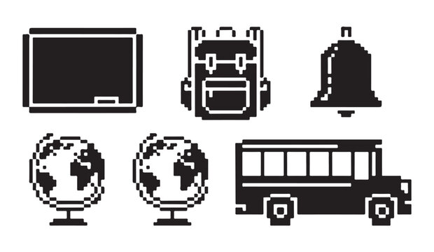 School transport and supplies pixel icons with yellow bus globe backpack and chalkboard.