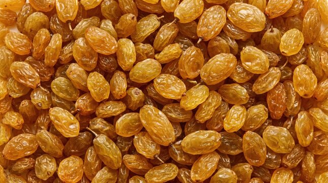 A detailed overhead close-up view of a large pile of golden brown raisins with visible wrinkles and stems scattered across the frame