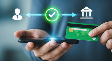 Obraz premium Secure online banking transaction on smartphone, digital money transfer with credit card, mobile payment verification and financial technology
