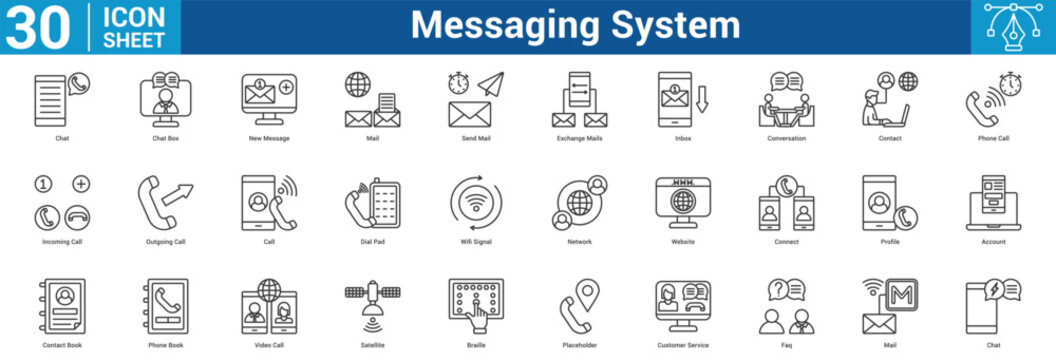 Messaging System icon set collection containing network, website, connect, profile, account, phonebook, video,  and more
