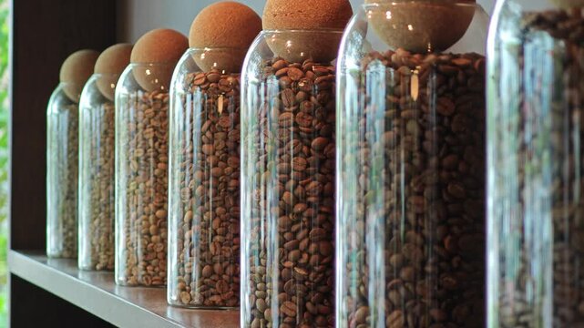 Roasted coffee beans in glass jar.