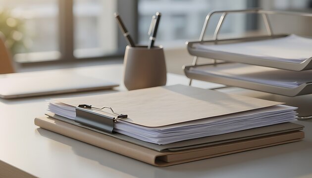 A stack of papers and notebooks on a desk with a pen holder and blurred office background in daylight