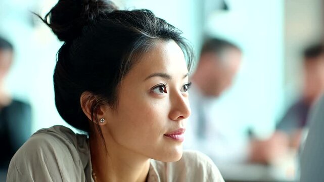 Thoughtful woman engaged in conversation at caf?