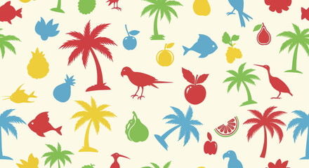 Colorful Tropical Silhouettes of Palms, Birds, and Fish. © Baru