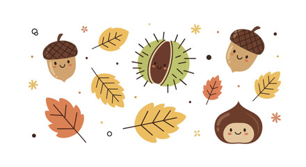 Cute Autumn Acorns and Chestnuts with Leaves. © Baru