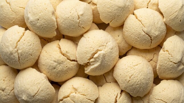 A pile of light yellow baked cookies with cracked surfaces and a soft texture filling the frame baked goods