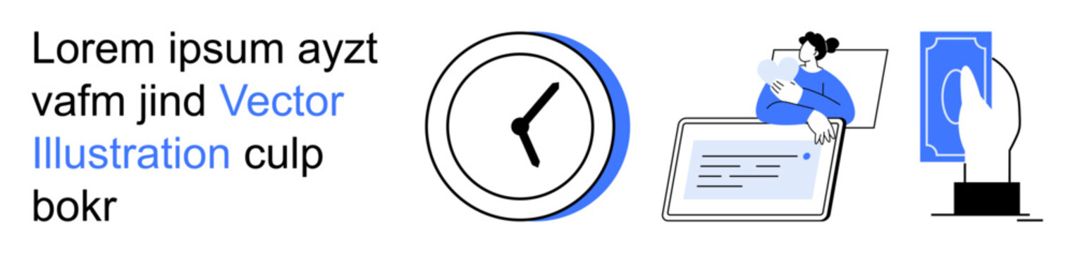 Business planning, productivity, technology integration, digital connectivity, time tracking, online communication. Clock, person working on laptop hand interacting digitally. Time tracking